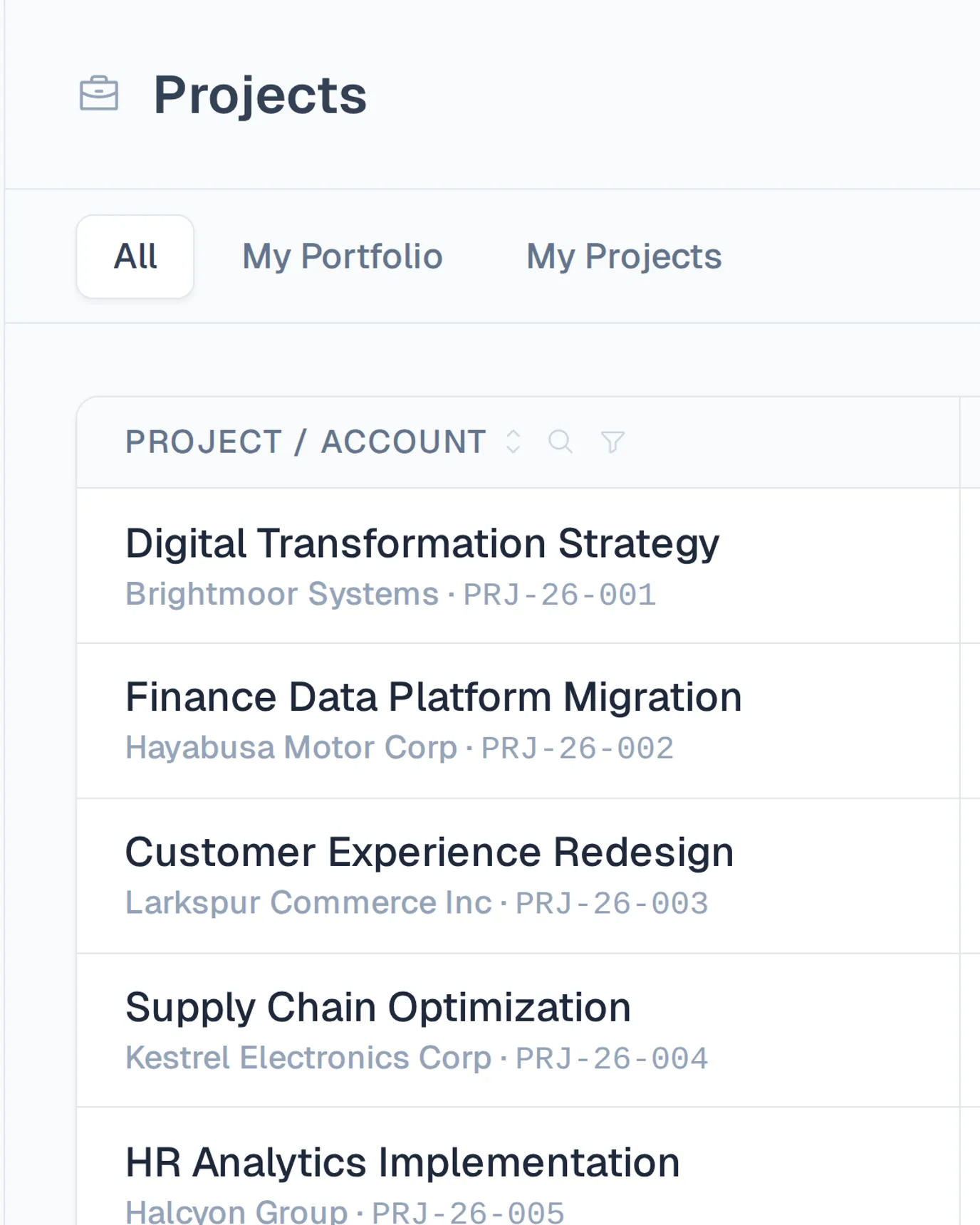Screenshot of Tetrify's projects list, where imported people and projects appear as rows ready to staff.
