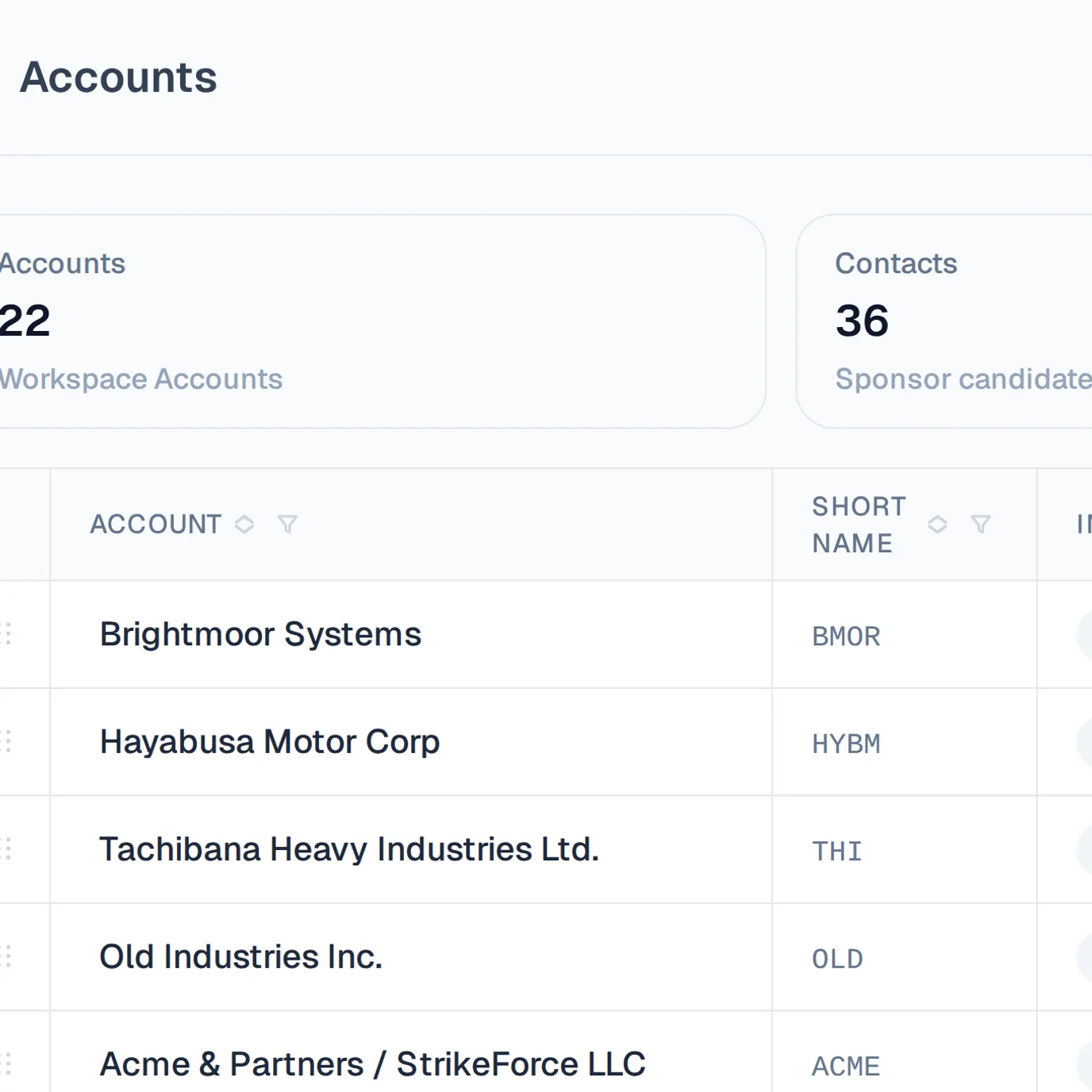 Screenshot of Tetrify's accounts data grid — a spreadsheet-like table of rows and columns edited inline with keyboard navigation.