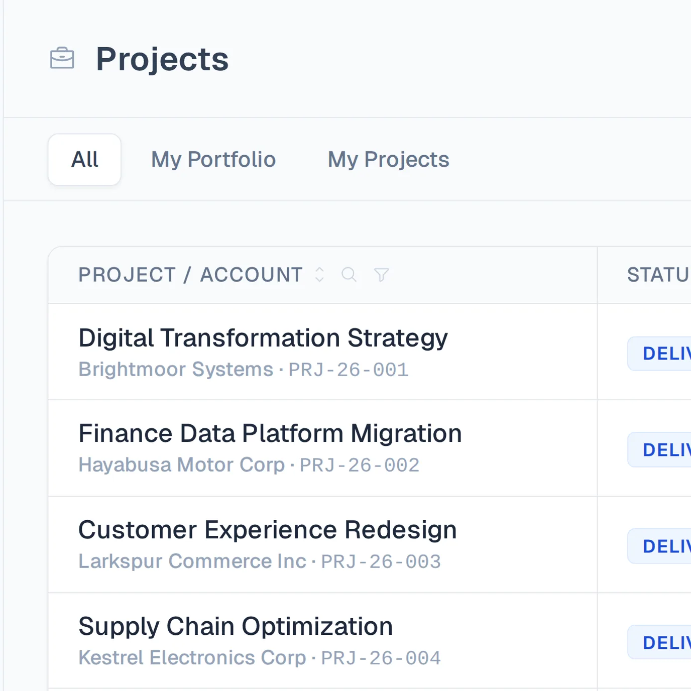 Screenshot of Tetrify's projects list, where imported people and projects appear as rows ready to staff.