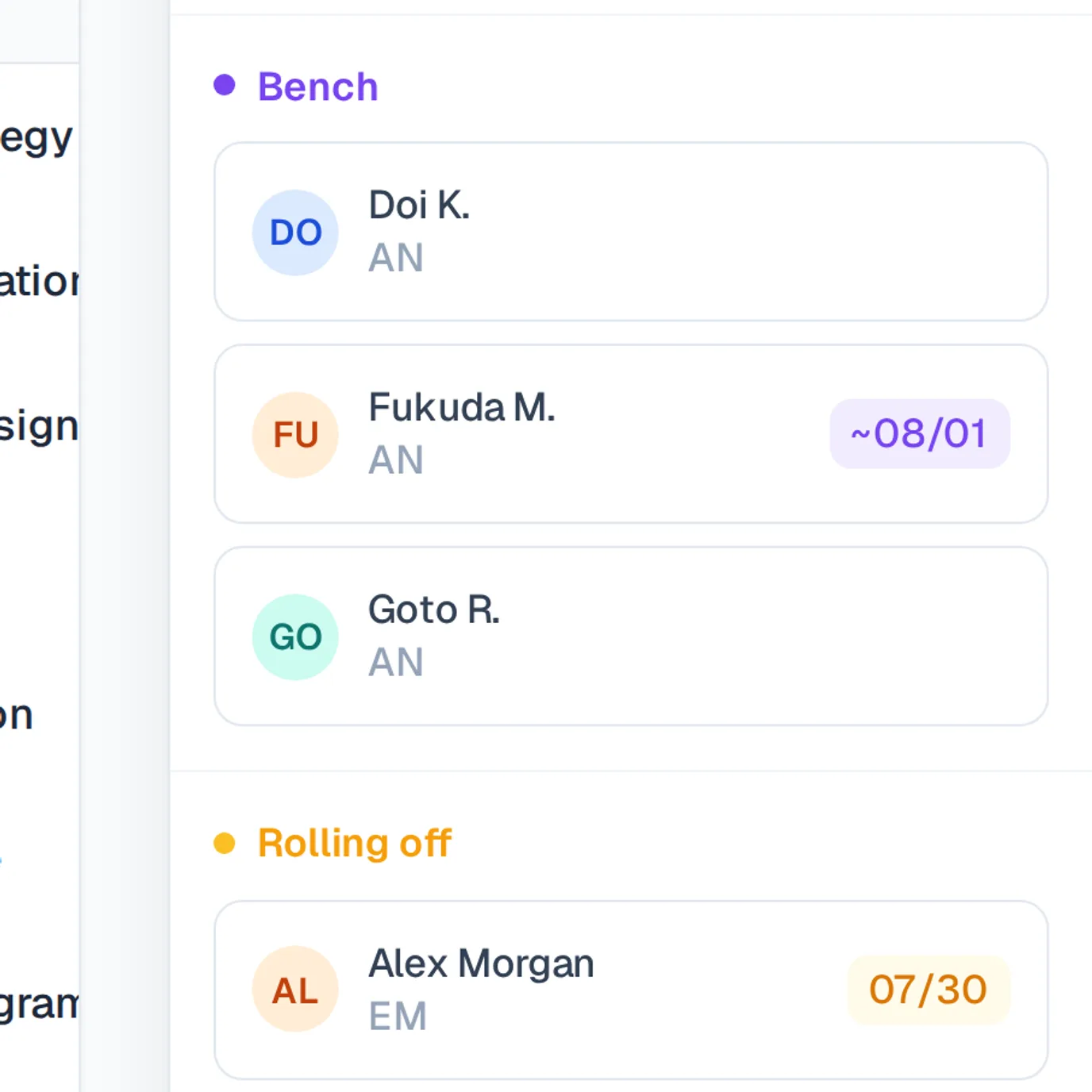 Screenshot of Tetrify's matrix with the availability panel open, listing who's on the bench and who's rolling off, with dates.