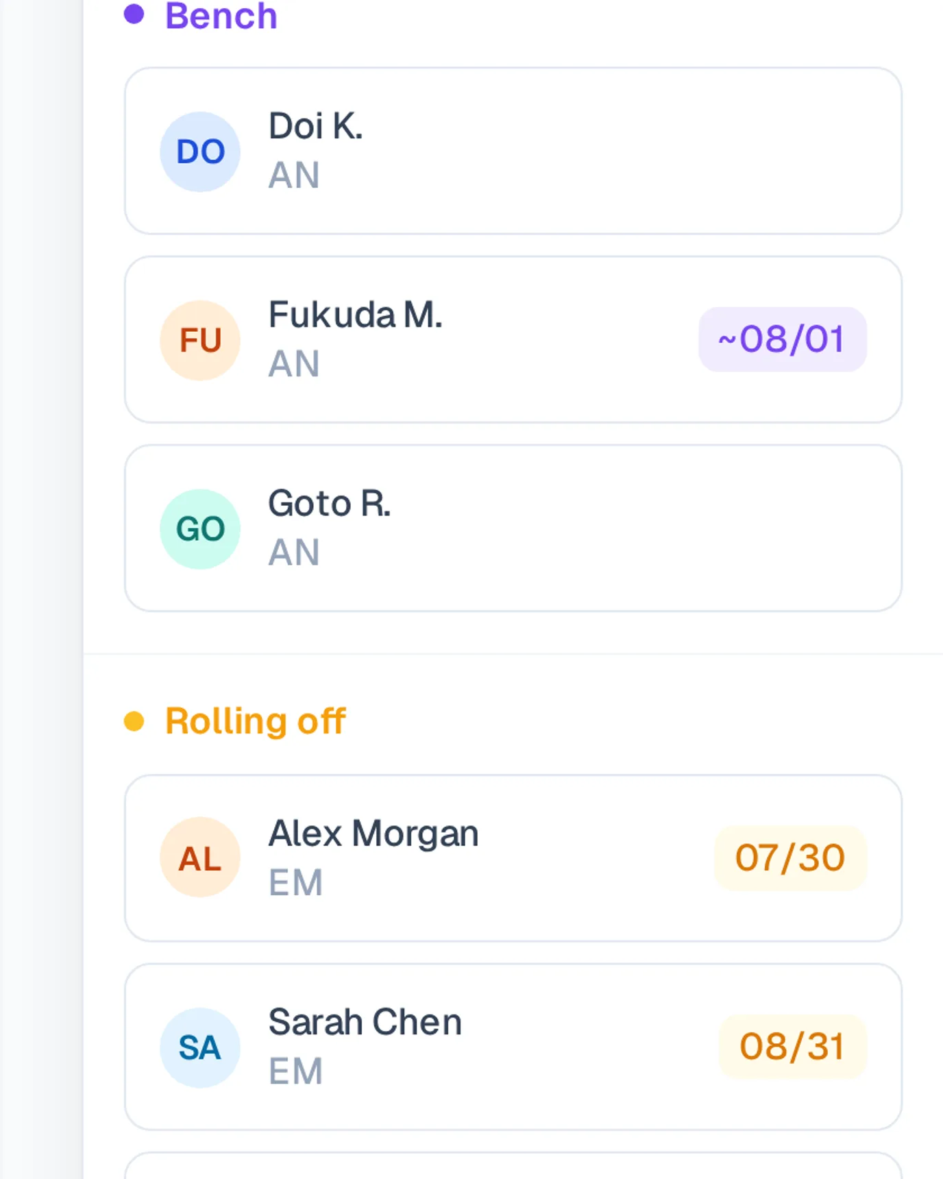 Screenshot of Tetrify's matrix with the availability panel open, listing who's on the bench and who's rolling off, with dates.